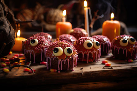 Monstrously decorated desserts on wooden table for Halloweenの素材