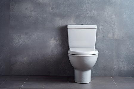 New toilet bowl next to grey wallの素材