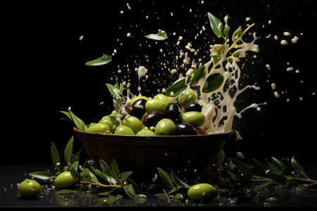 Olives falling and a bowl on a dark backgroundの素材