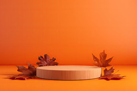 Minimal fall themed wooden podium on orange background with autumn leaf Empty studio set for showcasの素材
