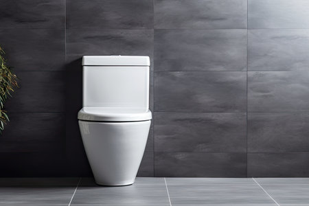Modern bathroom with side light ceramic white toilet bowl beside grey wallの素材