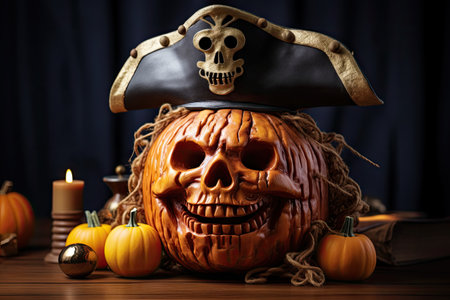 Old fashioned jack o lantern on wooden table with Halloween decorの素材