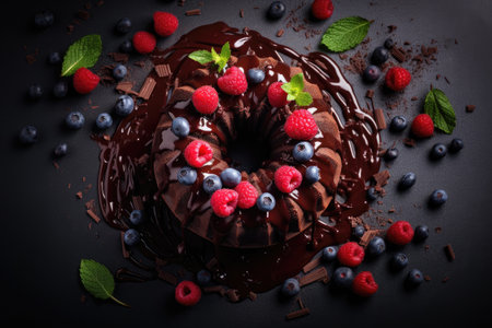 Overhead view of a bundt cake with molten chocolate and icy berriesの素材