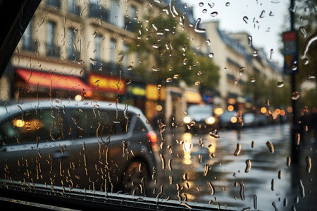 Paris street view through car window in rainの素材