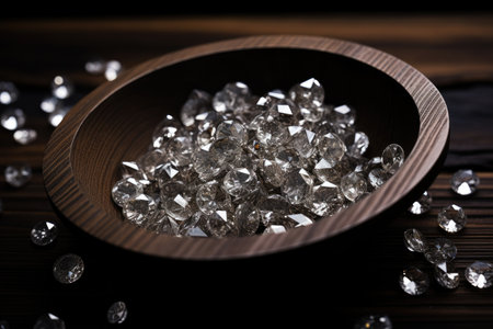 Polished round diamonds in sieve on wooden backgroundの素材