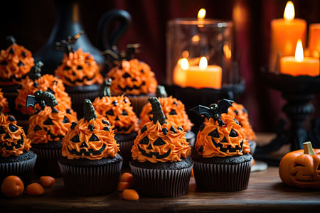 Pumpkins and cupcakes made for Halloweenの素材