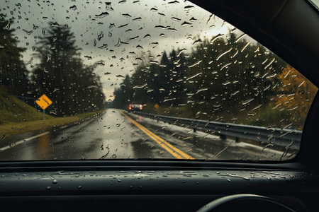 Rain drops seen through car window while drivingの素材