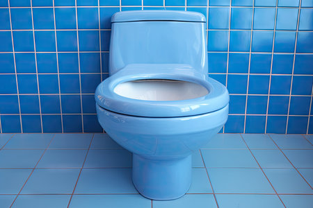Public restroom with blue tile floor includes a porcelain toilet bowl equipped with a bidet showerの素材