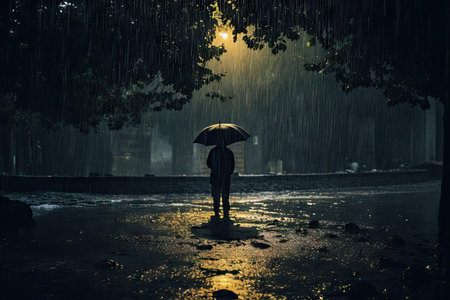 Someone using an umbrella in pouring rainの素材