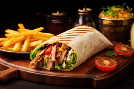 Shawarma roll with sauce and veggies Arab traditional food Kebab wrap with chicken fries and picklesの素材
