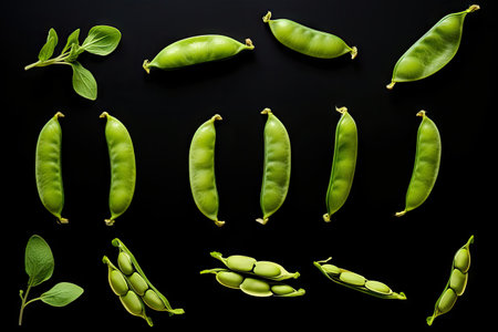 Soybeans isolated on white with green leaves top viewの素材