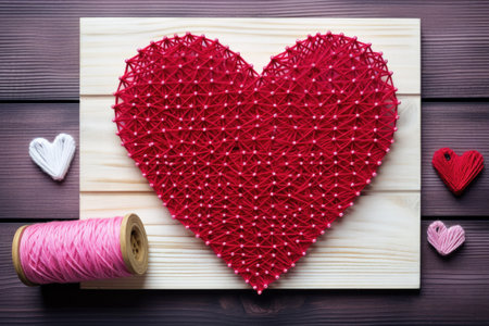 Step 5 Completed heart pano picture on wooden board with thread and nails next to hammerの素材