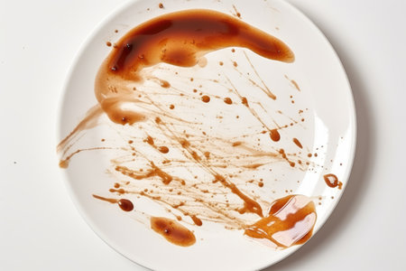 Stains of sauce on dishes surface with brown marks on white backdropの素材