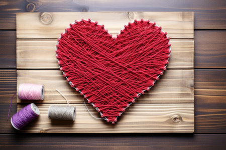 Step 5 Completed heart pano picture on wooden board with thread and nails next to hammerの素材
