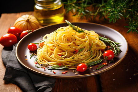 Traditional Italian spaghetti aglio olio on wooden tableの素材