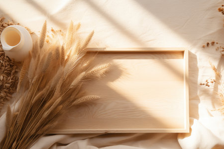 Top view of a wooden tray mockup on a trendy beige background with pampas grass and dry flowers perfの素材