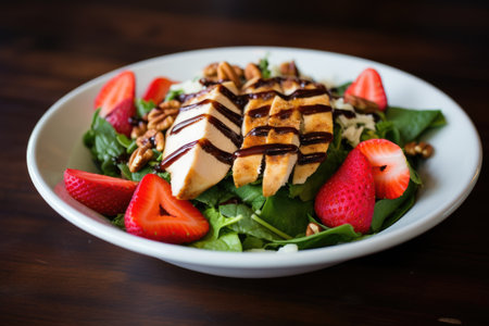 Takeout favorite salad with kale mixed greens grilled chicken strawberries cheese nuts olive oil balの素材