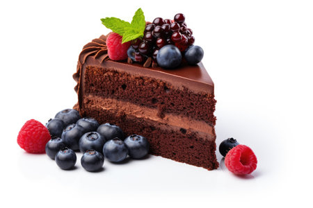 Top view of chocolate sponge cake with berries on white backgroundの素材