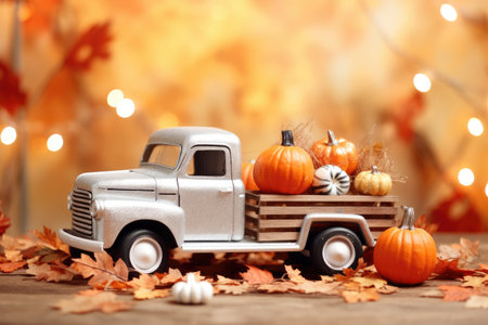 Thanksgiving Halloween autumn postcards with white truck pumpkins in forest bokeh backgroundの素材