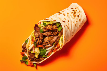 Top view of Shawarma doner kebab with meat and vegetable salad on an orange backgroundの素材