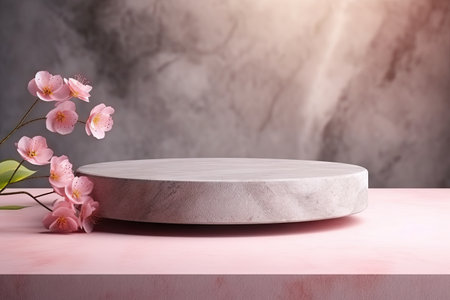 Spa salon with a soft light pink template and an empty marble podium adorned with stone and flower aの素材