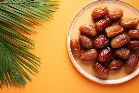 Traditional Ramadan Kareem snack for Iftar Suhoor ripe dates on an orange background a sweet Arabianの素材