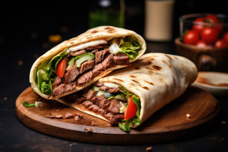 Split selective focus Traditional Turkish doner kebab wrap in lavashの素材
