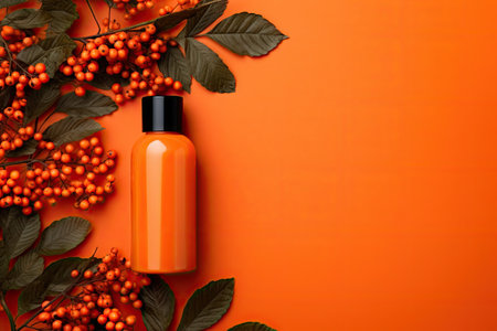 Tree cut board with glass cosmetic bottle autumn berries and leaves Top view display product promotiの素材