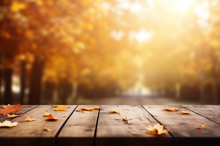 Vibrant image of autumn with empty wooden tableの素材