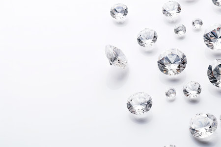 Various cut and sized polished diamonds on light background with top view space for textの素材