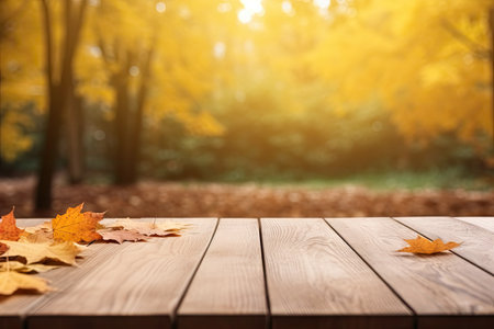 Wooden surface and autumn leaves in parkの素材