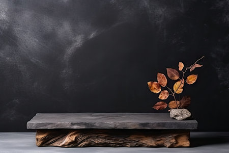Wooden podium for product display with dried leaves on stone background dark still lifeの素材