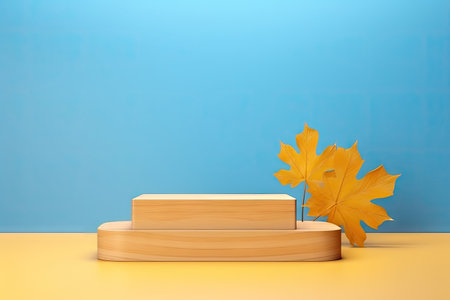 Wooden autumn podium with yellow leaves and a blue background representing a minimalistic branding sの素材