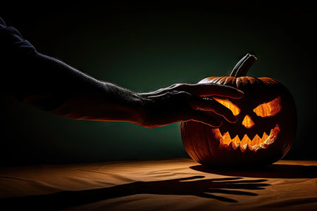 Zombie hand reaching for jack o lantern Halloween s eerie shadowsの素材