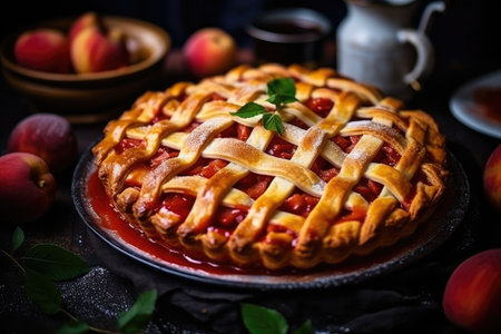 Yummy Halloween pie made with homemade pumpkin strawberry jam and peachesの素材