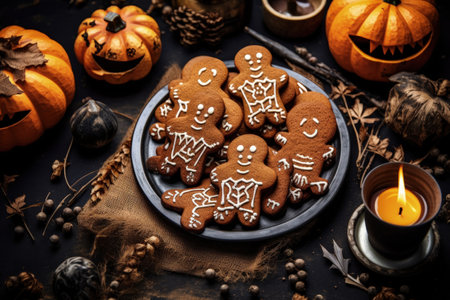 Above a horizontal view of Halloween ginger biscuits that are both funny and delicious on a tableの素材