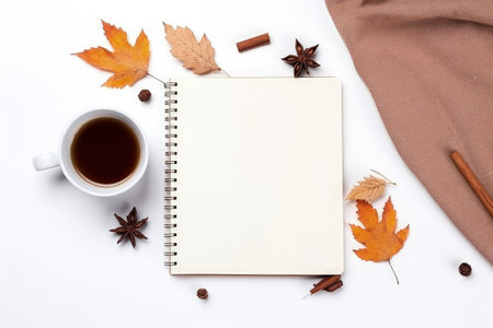 Autumn setup Hot cocoa cozy blanket notebook fall foliage cinnamon sticks on white backdrop Overheadの素材