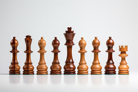 Arranged rows of chess pieces made of wood standing aloneの素材