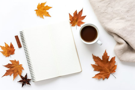 Autumn setup Hot cocoa cozy blanket notebook fall foliage cinnamon sticks on white backdrop Overheadの素材