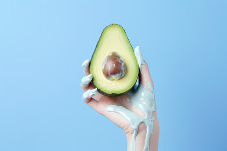 Blue background with avocado in white paint in hand represents art diet conceptの素材