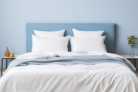 Bedroom with white bed linen on sofa bed bedding and bedside table Blue headboard with white pillowsの素材