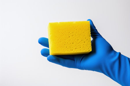 Blue gloved hand with yellow sponge on white backdropの素材