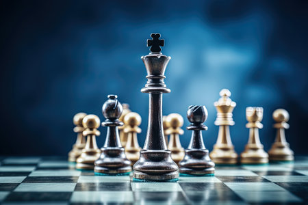 Chess pieces on a board symbolize teamwork volunteerism leadership strategic planning and risk managの素材