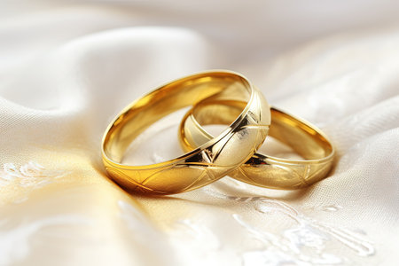 Close up macro of classic gold wedding rings on a white backgroundの素材
