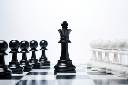 Black queen defeats white on chessboard with white backdrop Concept of victory and achievement emptyの素材