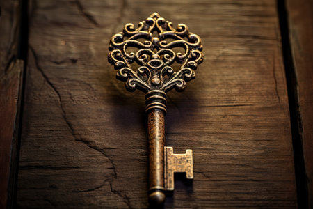 Close up of an old worn out key in its lockの素材