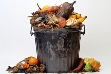 Close up of a white background with organic waste and trash binの素材