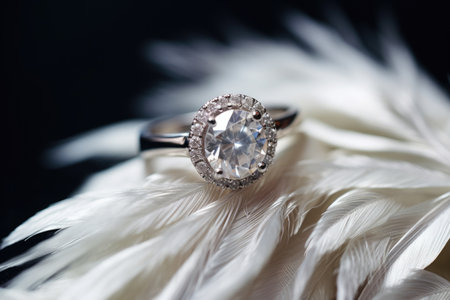 Close up of elegant diamond ring on finger with feather and gray scarf backgroundの素材