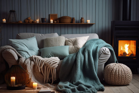 Comfy sofa in a cozy living room with knitted blanketの素材