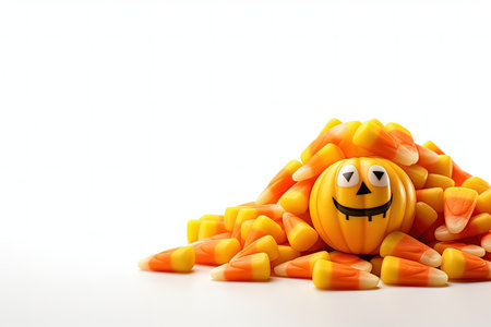 Candy corn with pumpkin flavor and a jelly eye on a white background Classic Halloween treats with aの素材